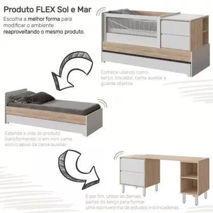 Berço Multifuncional com Cômoda 7 em 1 Coleção Sol e Mar